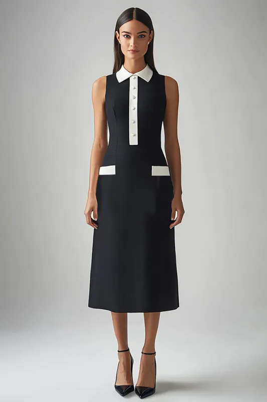 Black and White Satin Sheath Collar Neck Midi Work Dress sold by Zapaka