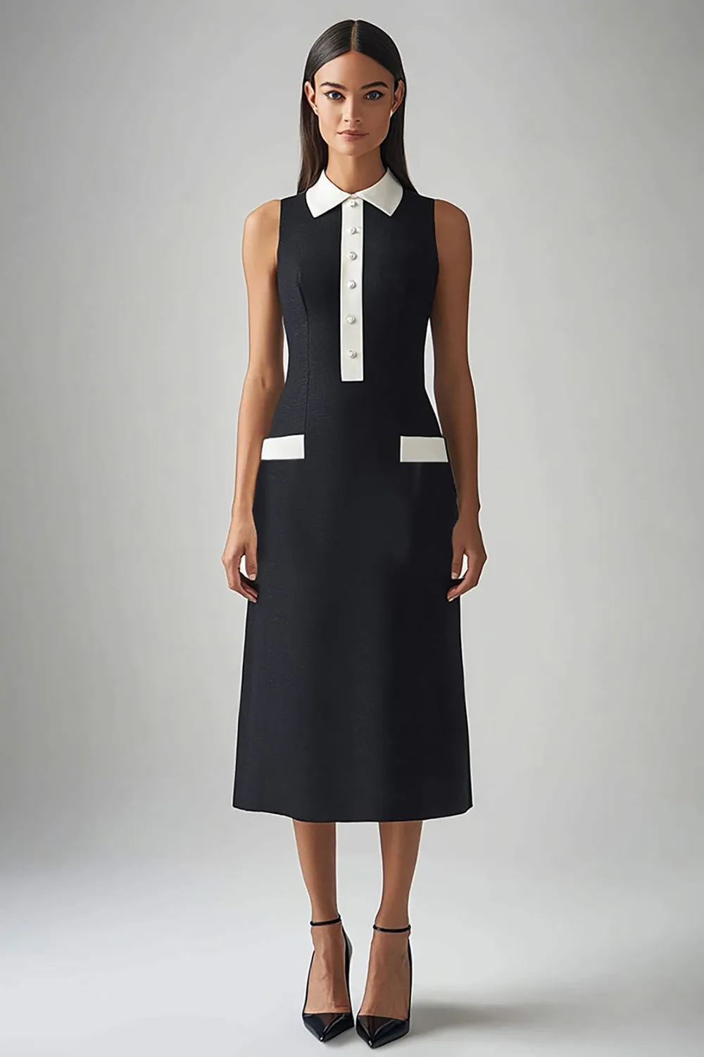 Black and White Satin Sheath Collar Neck Midi Work Dress sold by Zapaka