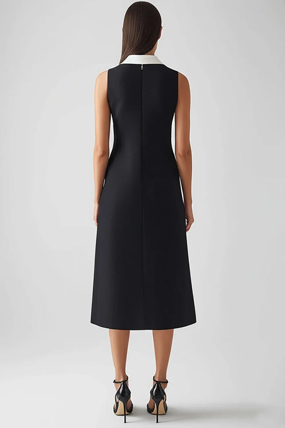 Black and White Satin Sheath Collar Neck Midi Work Dress sold by Zapaka product image thumbnail 2