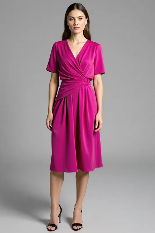 Fuchsia Satin V-Neck Midi Work Dress with Sleeves sold by Zapaka