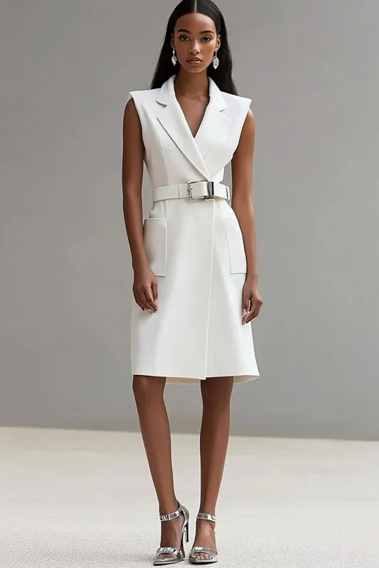 Ivory Satin Notched Lapel Short Work Blazer Dress sold by Zapaka