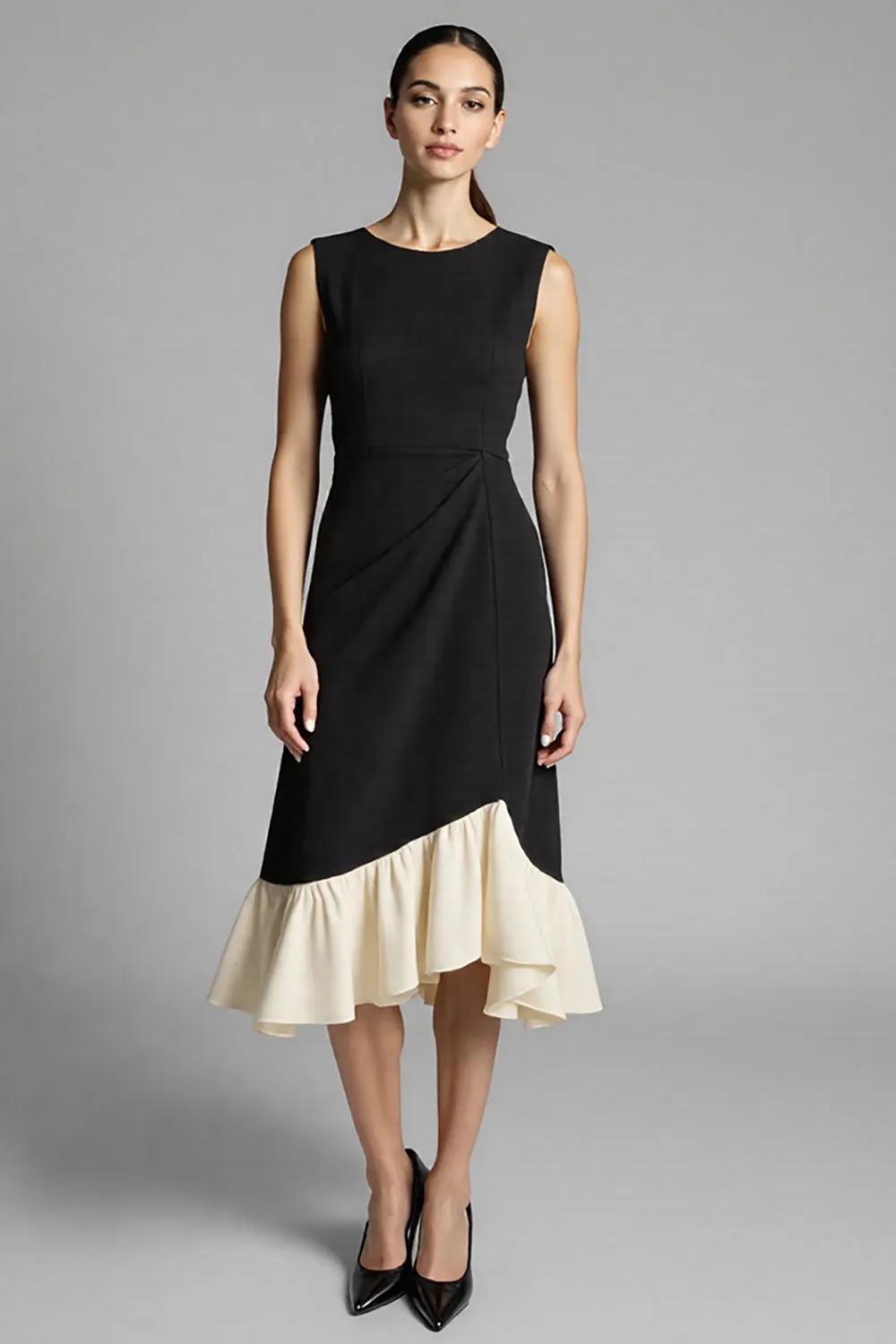 Black Satin A Line Midi Work Dress with Ruffles sold by Zapaka
