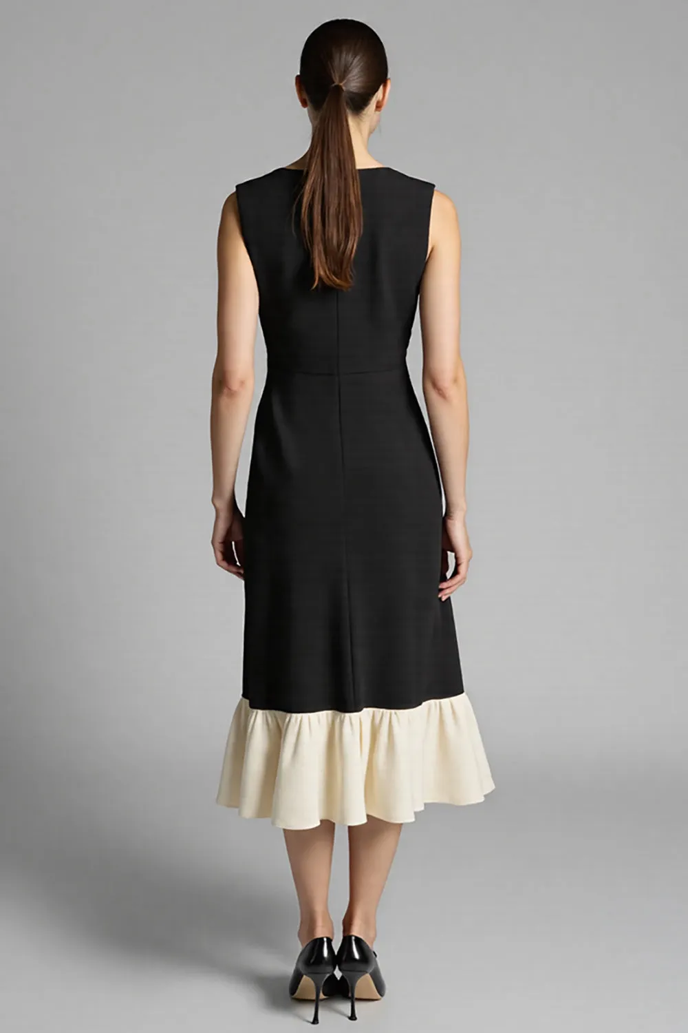 Black Satin A Line Midi Work Dress with Ruffles sold by Zapaka product image thumbnail 2