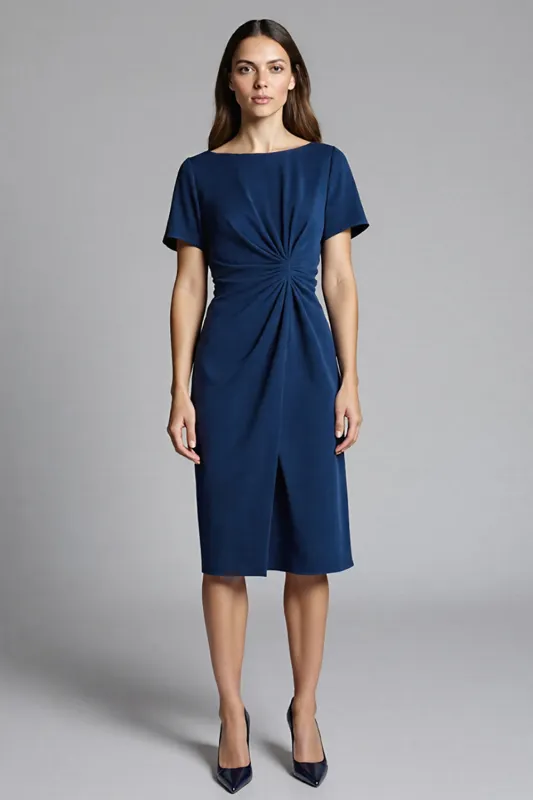 Navy Sheath Ruched Midi Work Dress sold by Zapaka