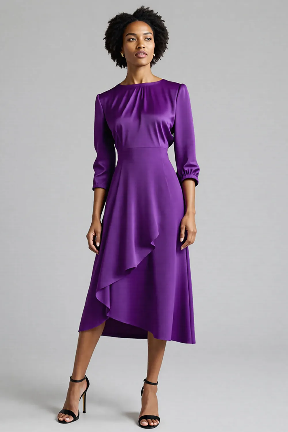 A Line Plum Ruffled Midi Work Dress sold by Zapaka