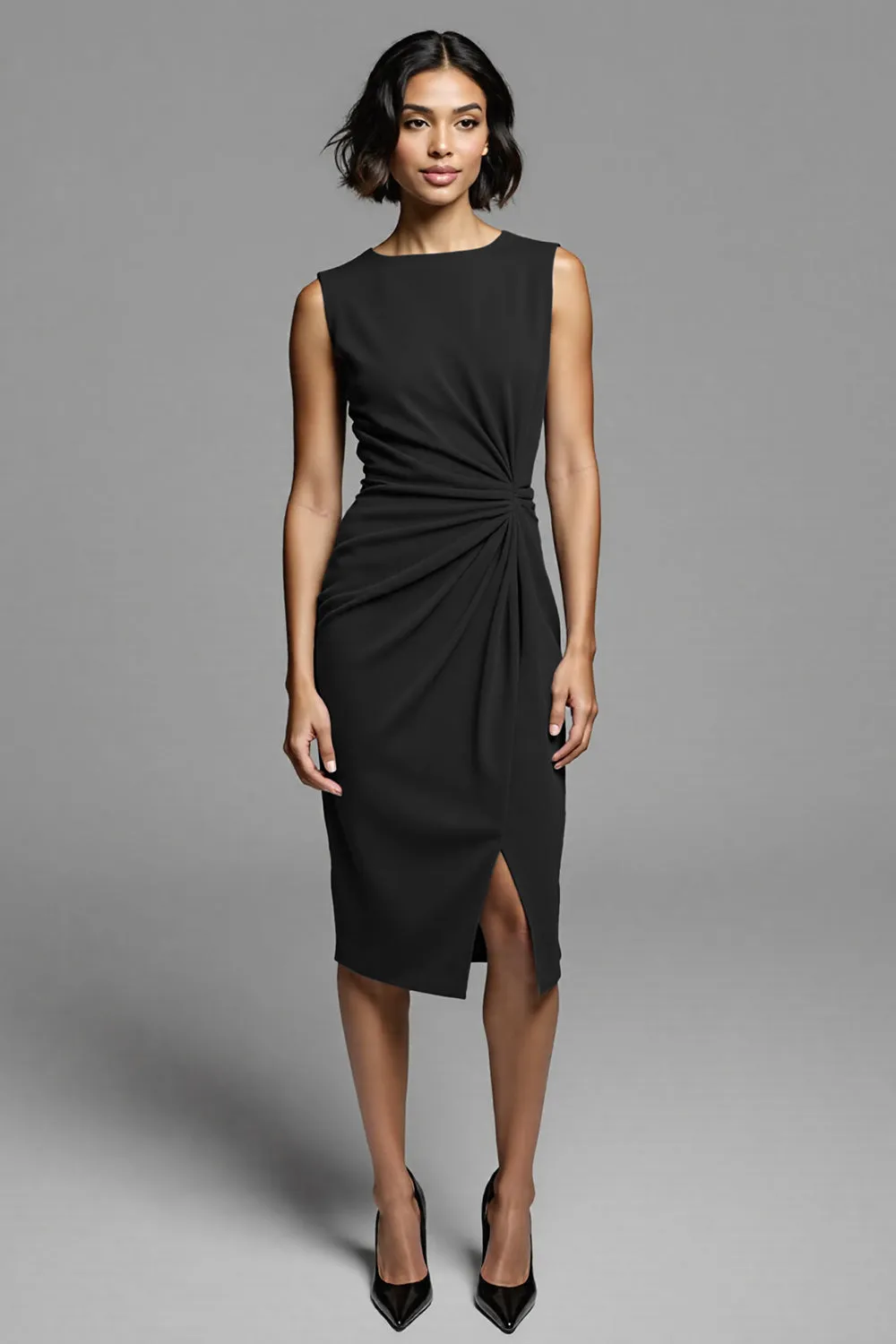 Grey Ruched Sheath Midi Work Dress With Slit sold by Zapaka product image thumbnail 5