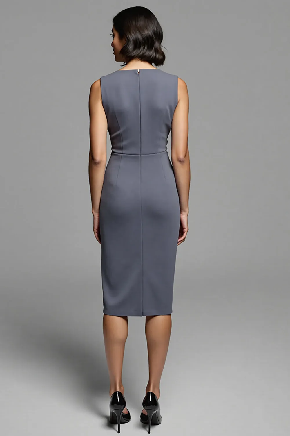 Grey Ruched Sheath Midi Work Dress With Slit sold by Zapaka product image thumbnail 2