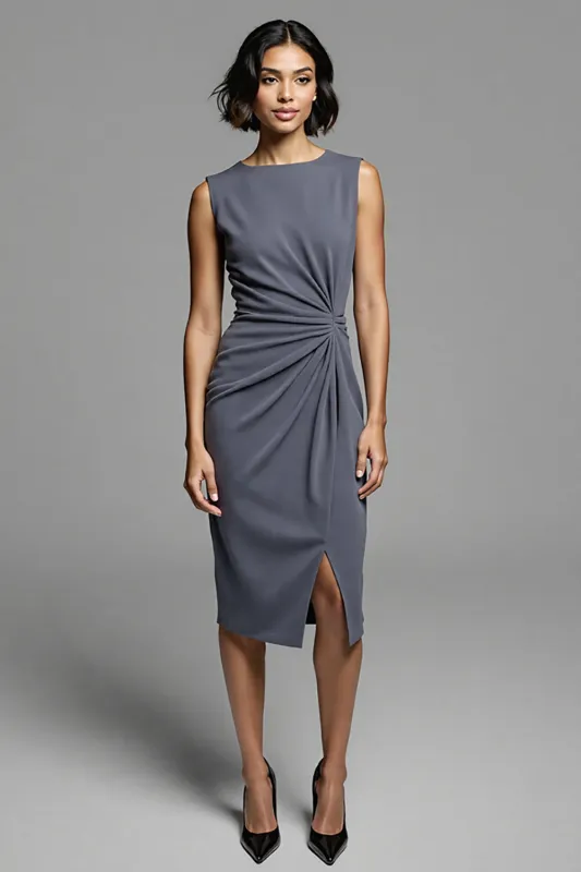 Grey Ruched Sheath Midi Work Dress With Slit sold by Zapaka