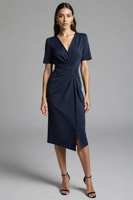 Navy Shesth Ruched Work Dress With Slit sold by Zapaka