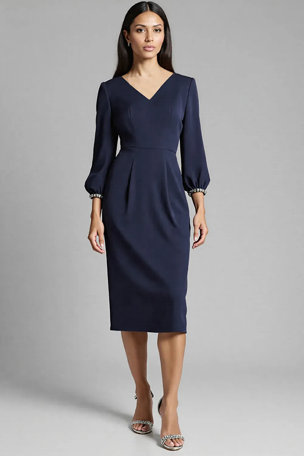 Sheath Navy Beaded V Neck Work Dress sold by Zapaka