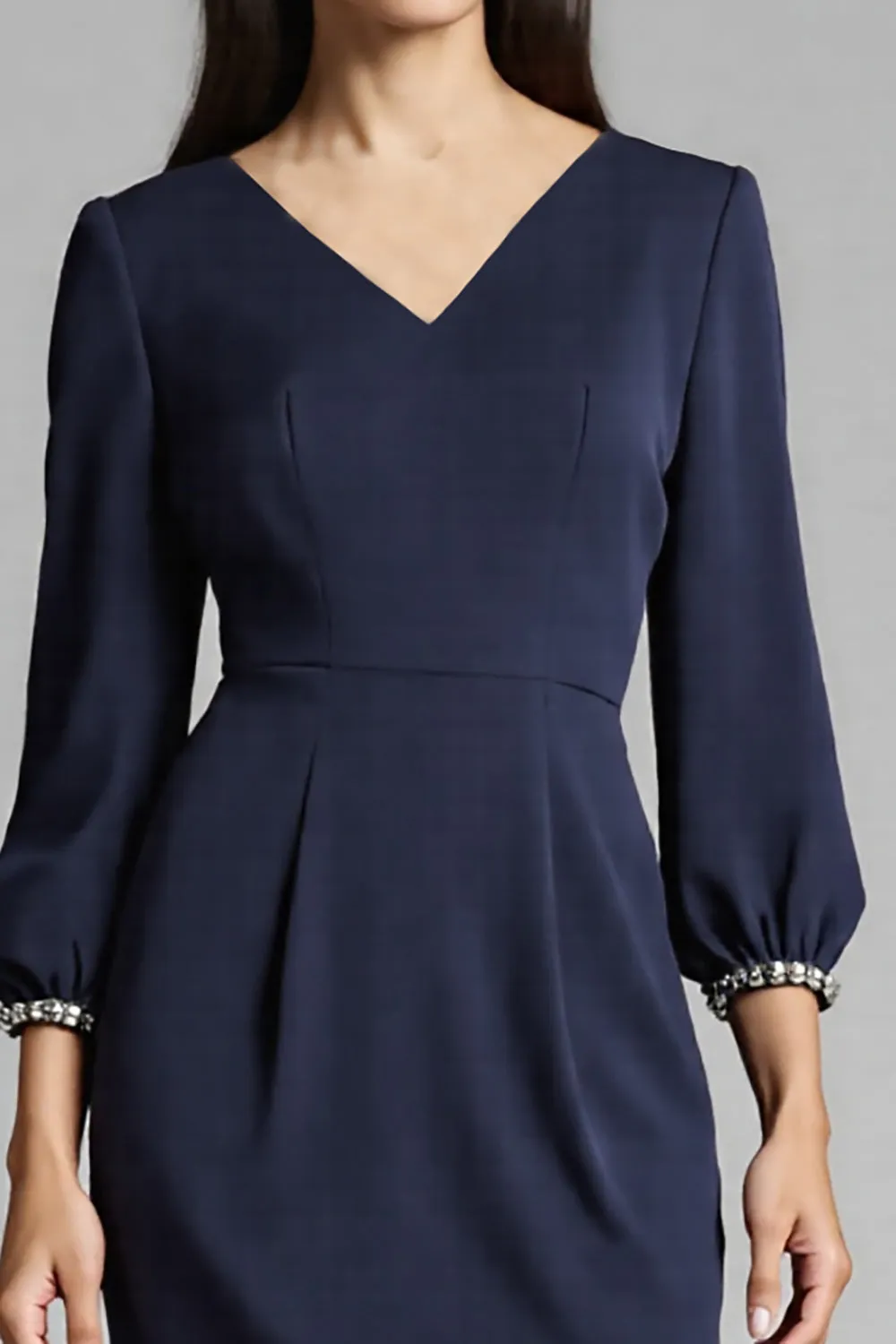 Sheath Navy Beaded V Neck Work Dress sold by Zapaka product image thumbnail 3