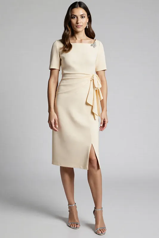 Beaded Champagne Ruched Midi Work Dress sold by Zapaka