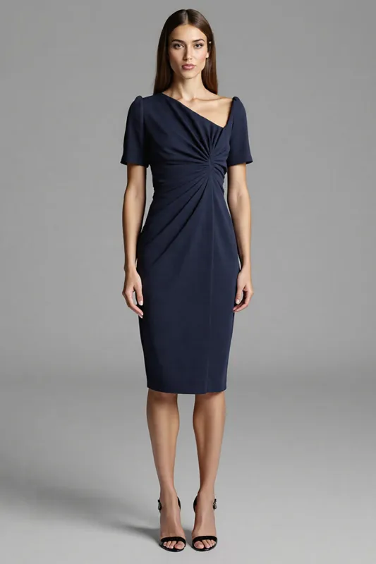 Navy Ruched Short Sleeve Sheath Work Dress sold by Zapaka