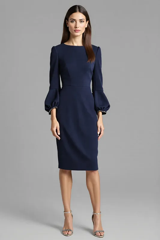 Long Sleeve Sheath Navy Round Neck Work Dress sold by Zapaka