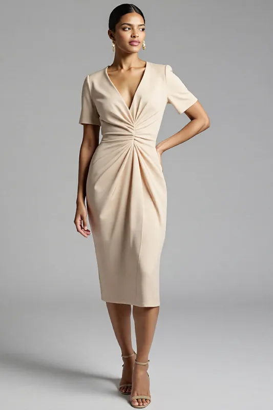 Simple Champagne Ruched Sheath Midi Work Dress sold by Zapaka