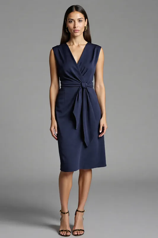 Sheath Navy V Neck Midi Work Dress With Sash sold by Zapaka