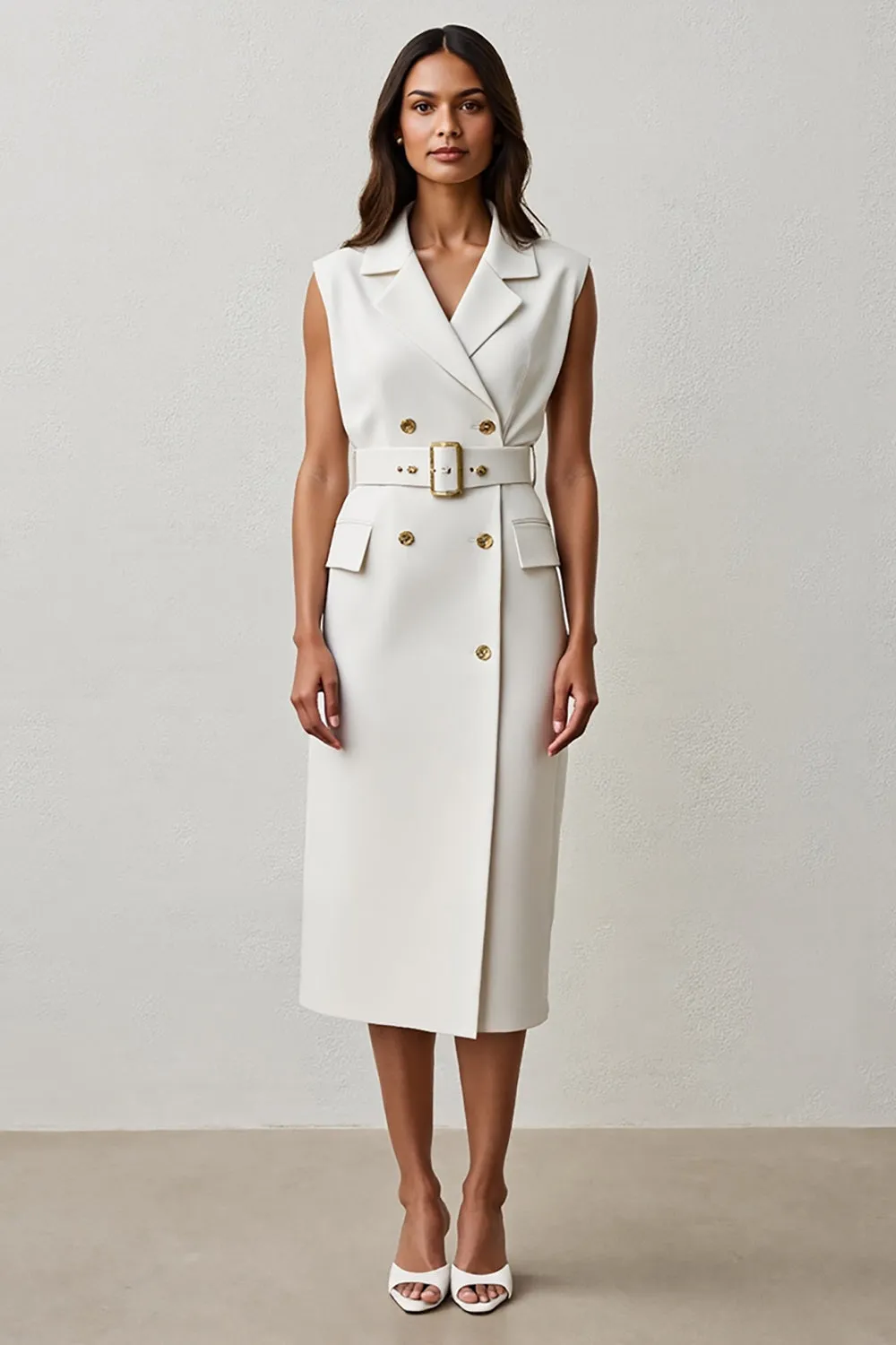 White Notched Lapel Sheath Maxi Work Dress with Belt sold by Zapaka