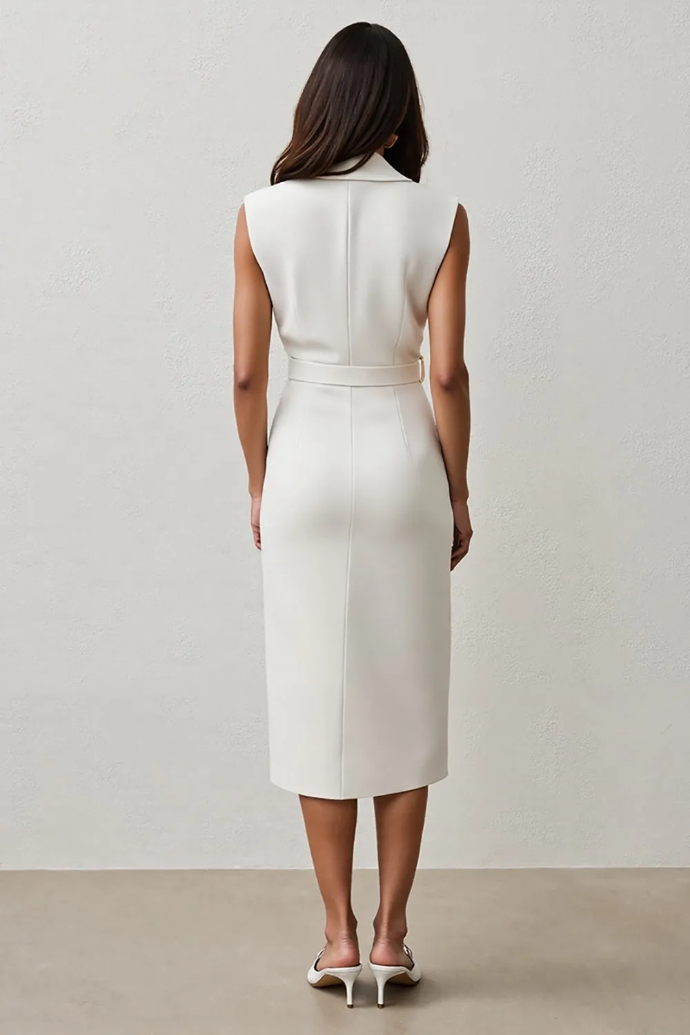 White Notched Lapel Sheath Maxi Work Dress with Belt sold by Zapaka product image thumbnail 2