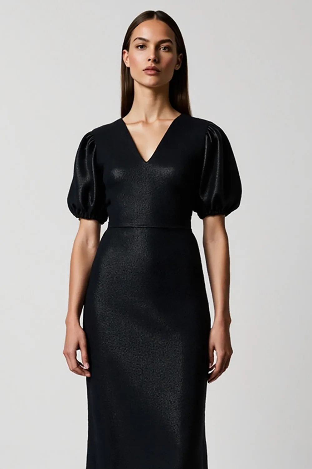 Black Bodycon V-Neck Midi Work Dress with Sleeves sold by Zapaka product image thumbnail 3