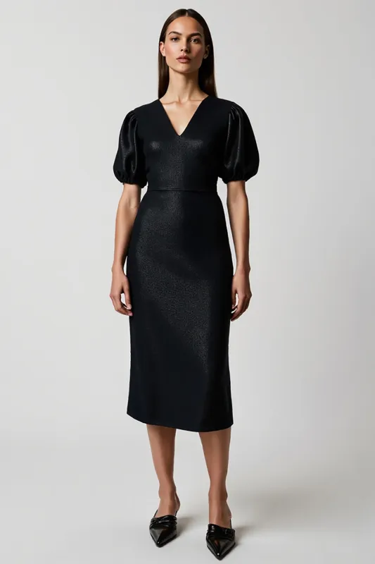 Black Bodycon V-Neck Midi Work Dress with Sleeves sold by Zapaka