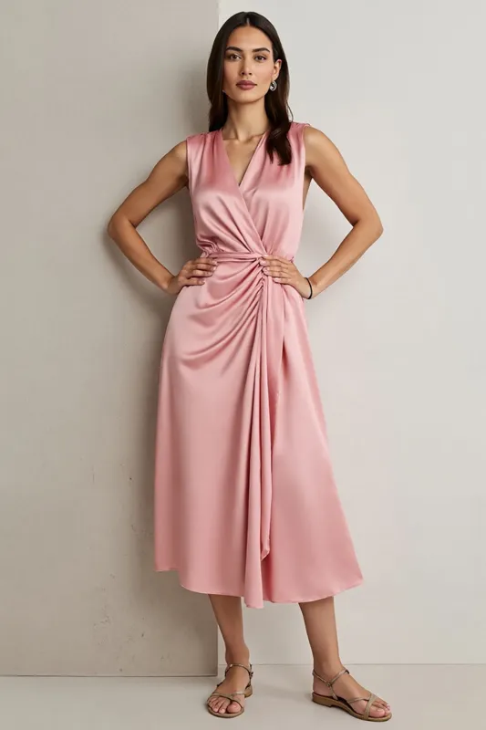 Pink Satin V-Neck Maix Work Dress with Drape sold by Zapaka