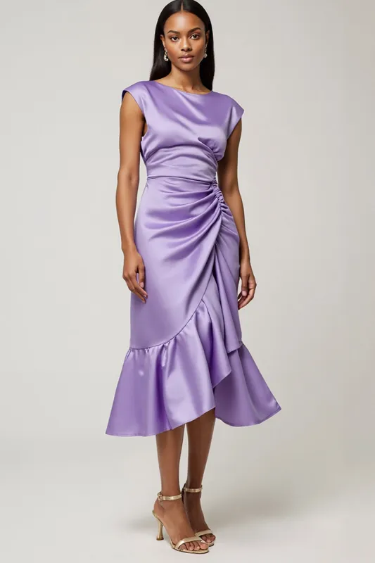 Purple Satin Bodycon Cap Sleeves Maxi Work Dress with Ruffles sold by Zapaka