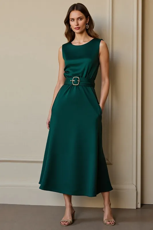 Dark Green Round Neck Satin Maxi Work Dress with Belt sold by Zapaka