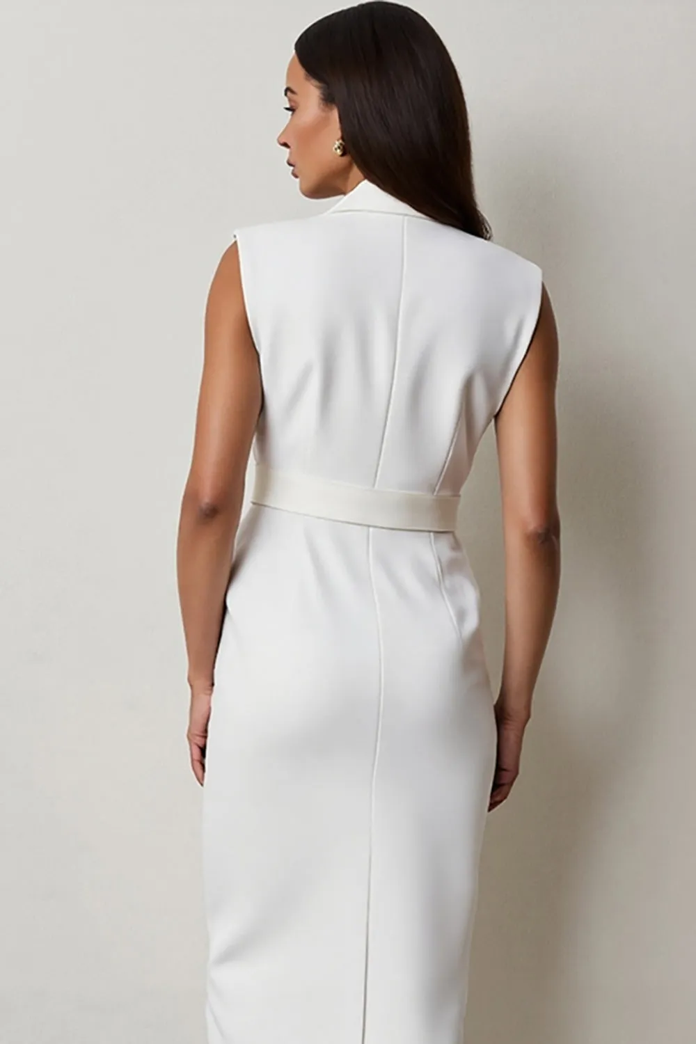 White Notched Lapel Midi Work Dress with Belt sold by Zapaka product image thumbnail 4