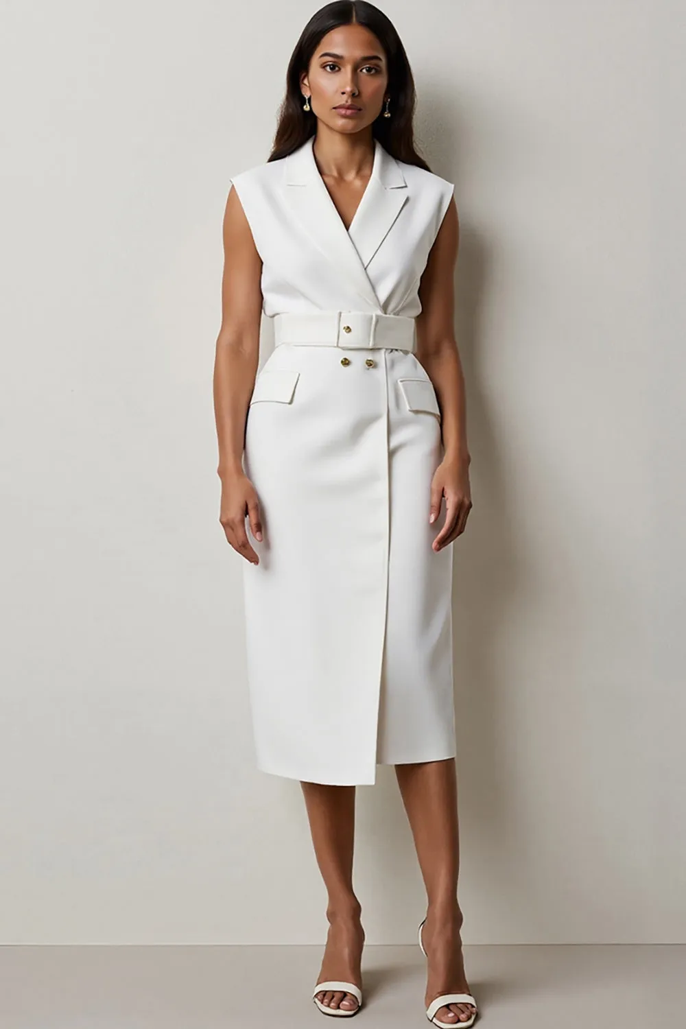 White Notched Lapel Midi Work Dress with Belt sold by Zapaka
