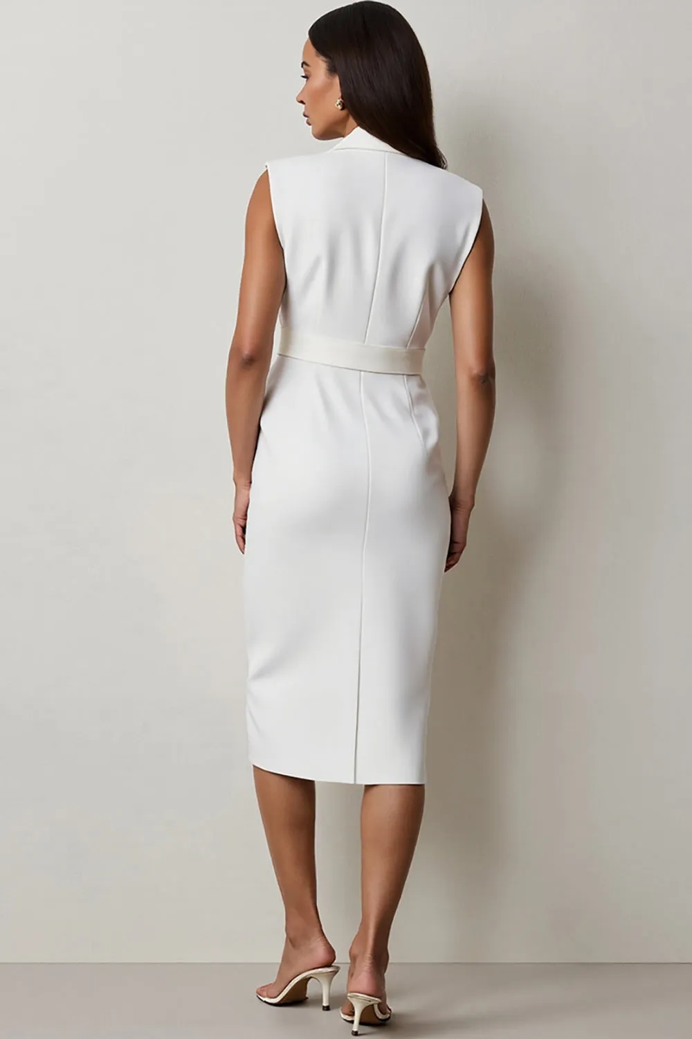 White Notched Lapel Midi Work Dress with Belt sold by Zapaka product image thumbnail 2