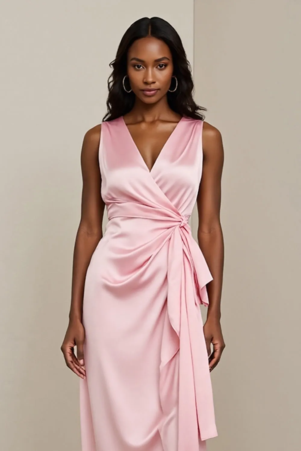 Pink Satin Ruched Sheath Maxi Work Dress with Sash sold by Zapaka product image thumbnail 3