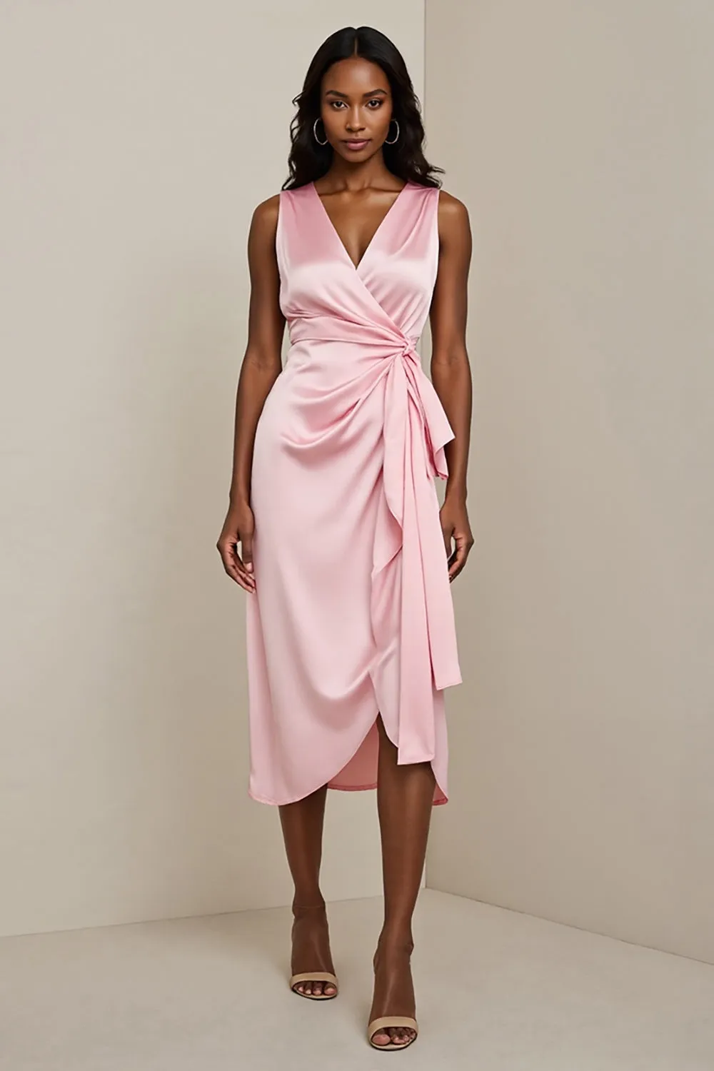 Pink Satin Ruched Sheath Maxi Work Dress with Sash sold by Zapaka