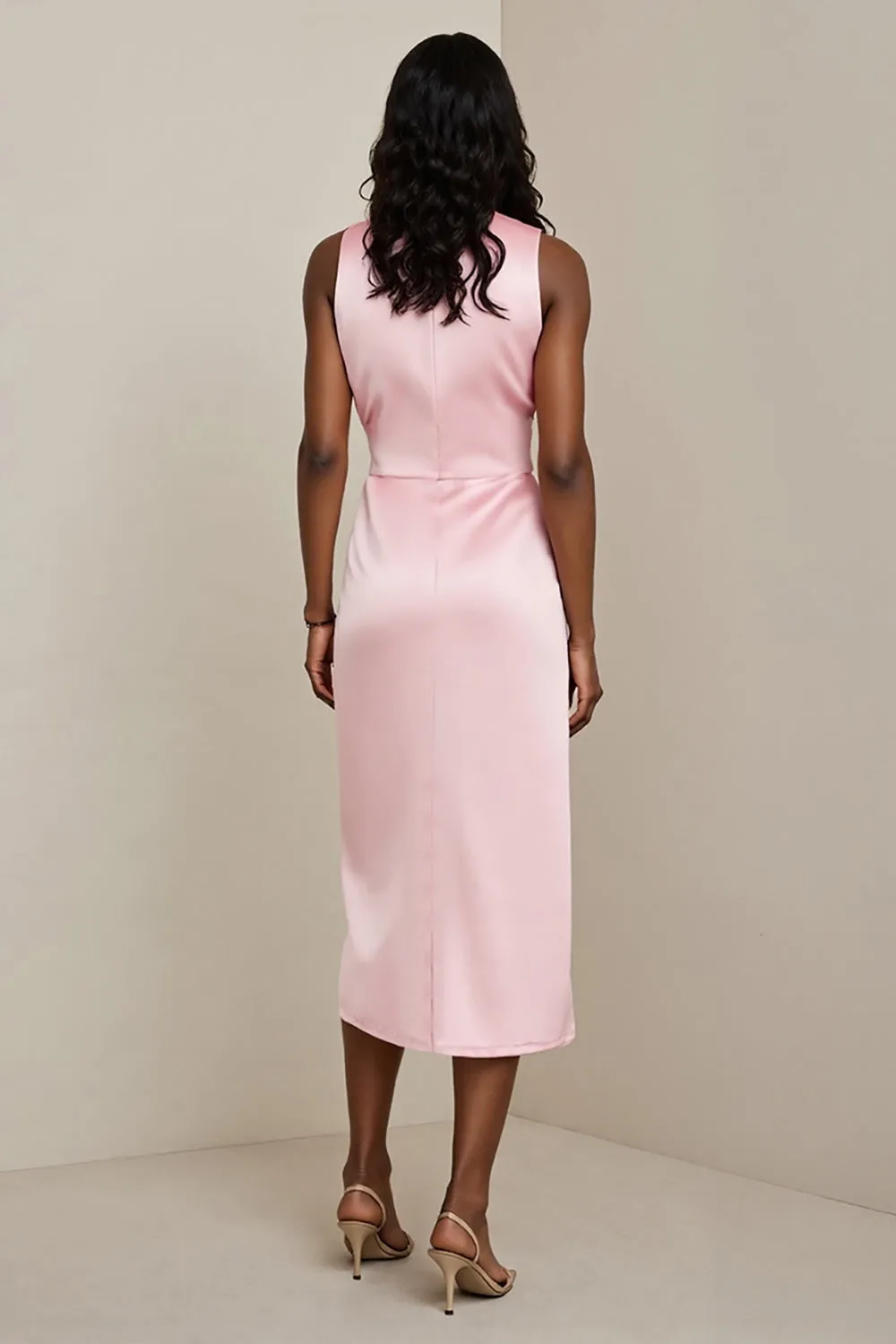 Pink Satin Ruched Sheath Maxi Work Dress with Sash sold by Zapaka product image thumbnail 2