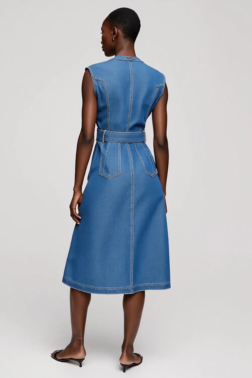 Grey Blue Midi Sheath Work Dress with Belt sold by Zapaka product image thumbnail 2