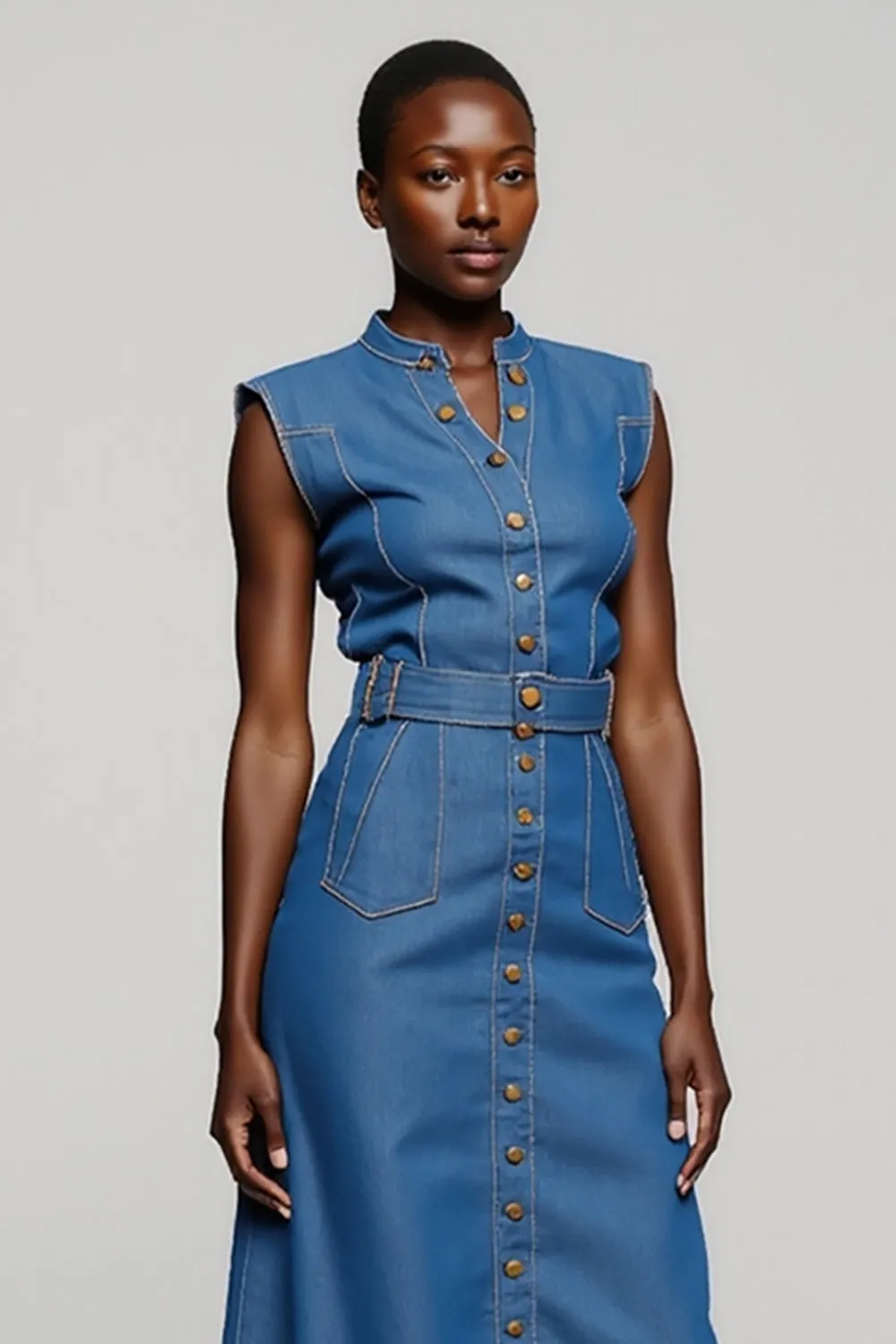 Grey Blue Midi Sheath Work Dress with Belt sold by Zapaka product image thumbnail 3