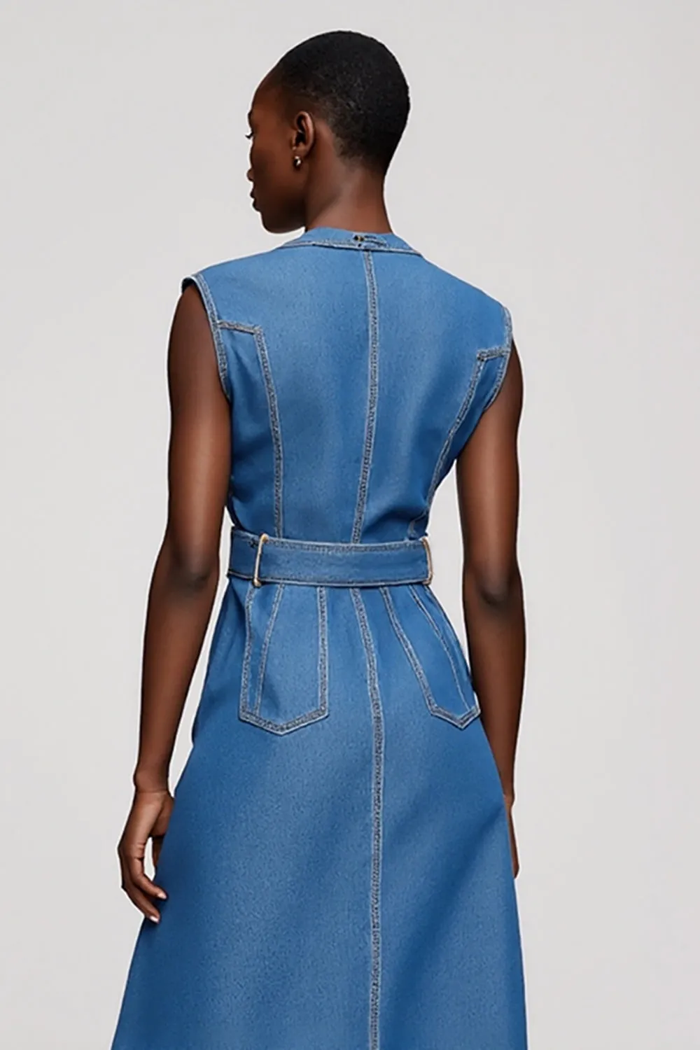 Grey Blue Midi Sheath Work Dress with Belt sold by Zapaka product image thumbnail 4