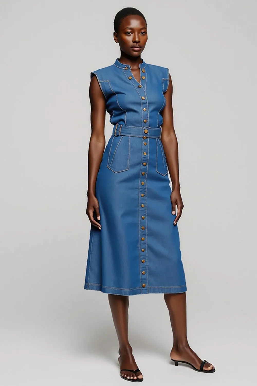 Grey Blue Midi Sheath Work Dress with Belt sold by Zapaka