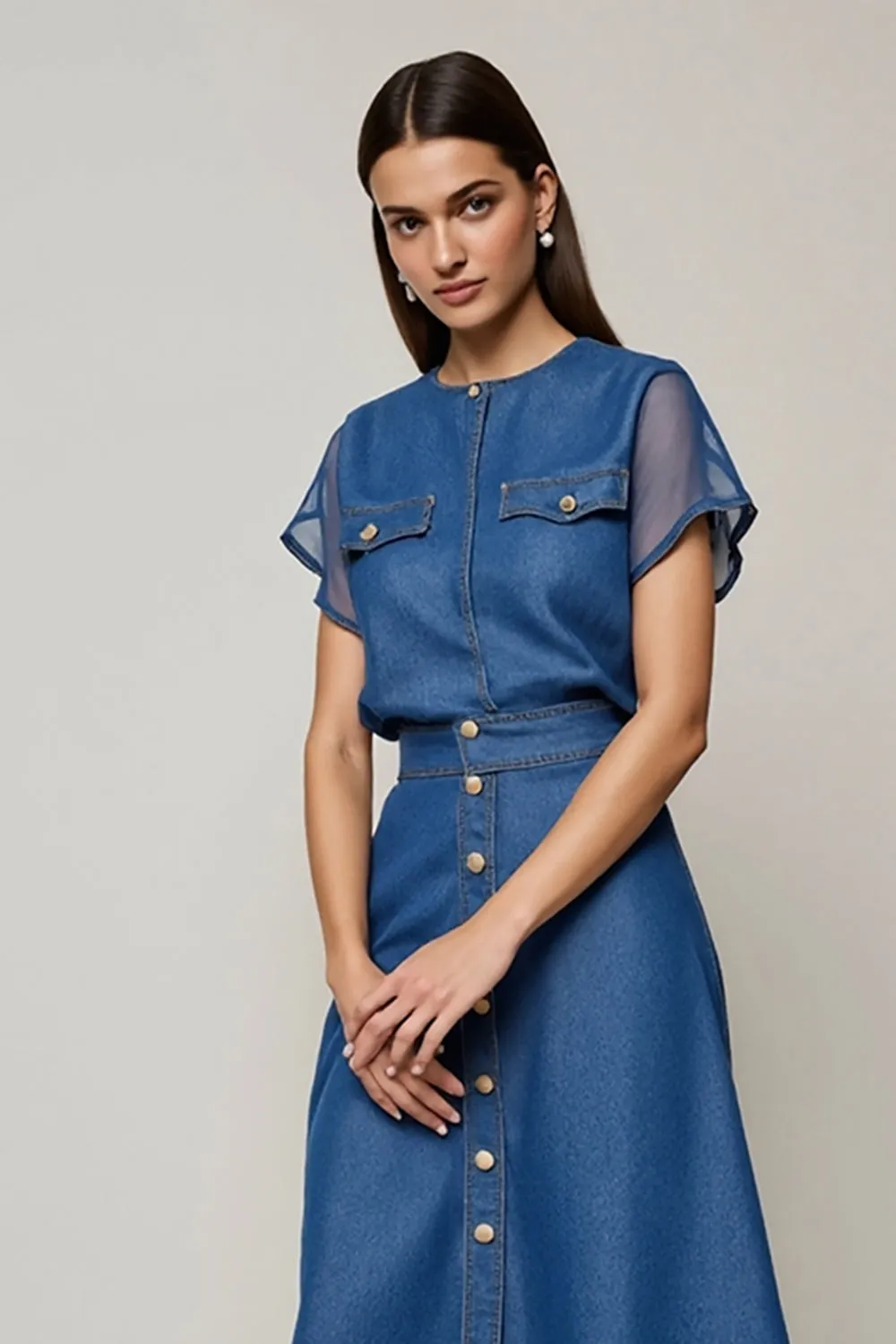 Grey Blue Round Neck Midi Work Dress with Sleeves sold by Zapaka product image thumbnail 3