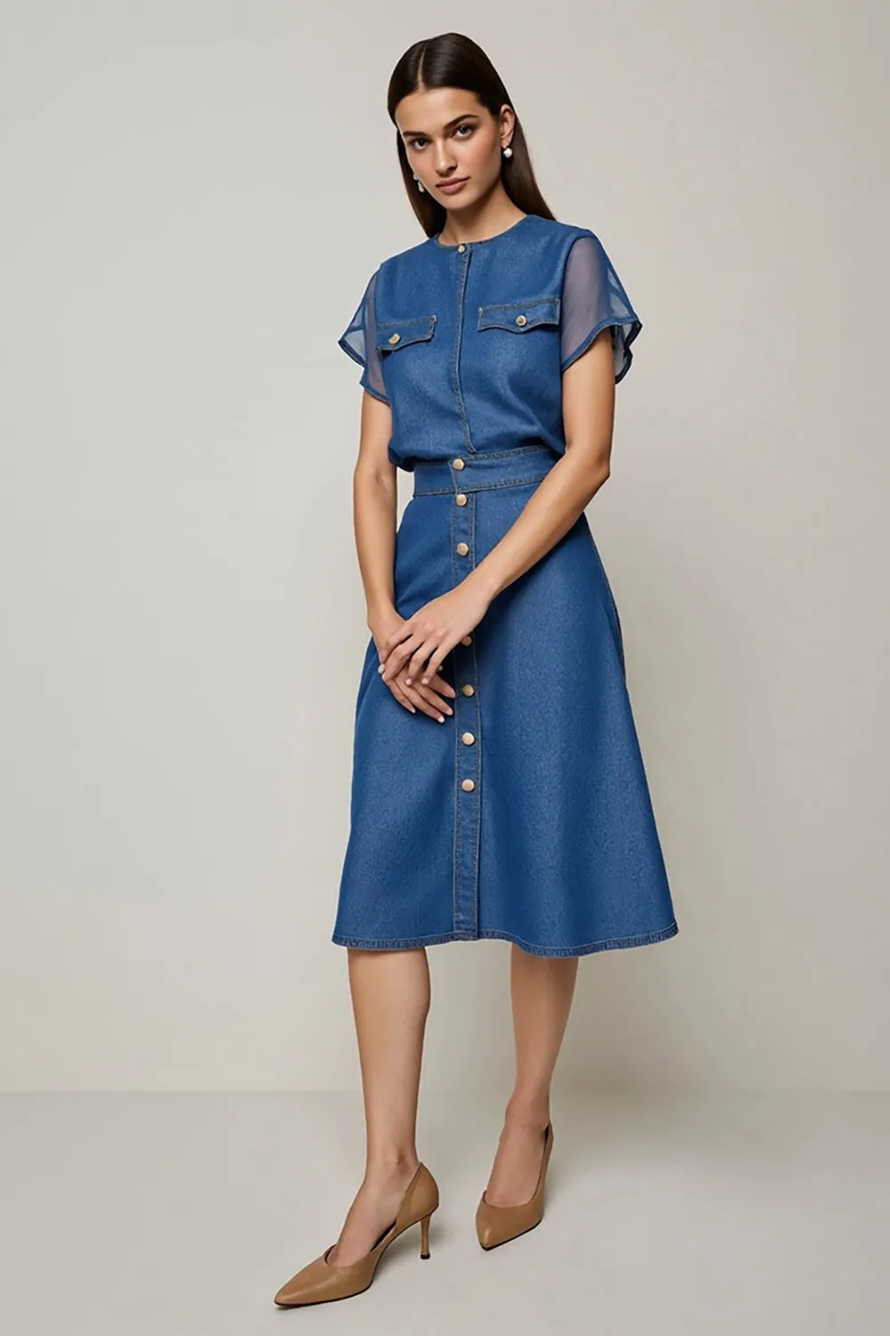 Grey Blue Round Neck Midi Work Dress with Sleeves sold by Zapaka