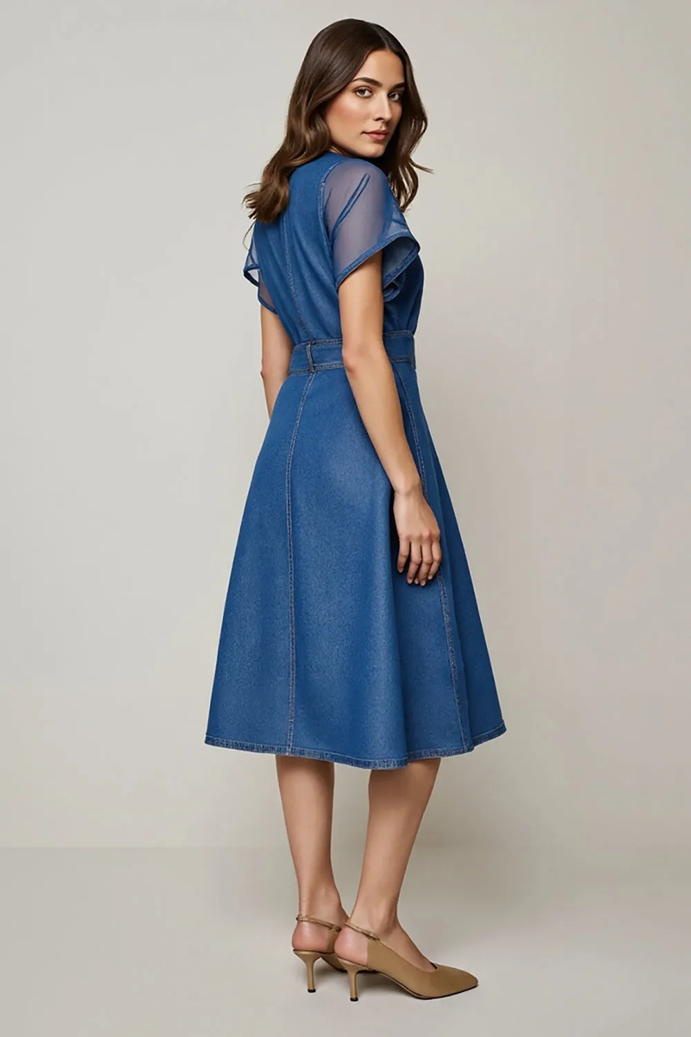 Grey Blue Round Neck Midi Work Dress with Sleeves sold by Zapaka product image thumbnail 2