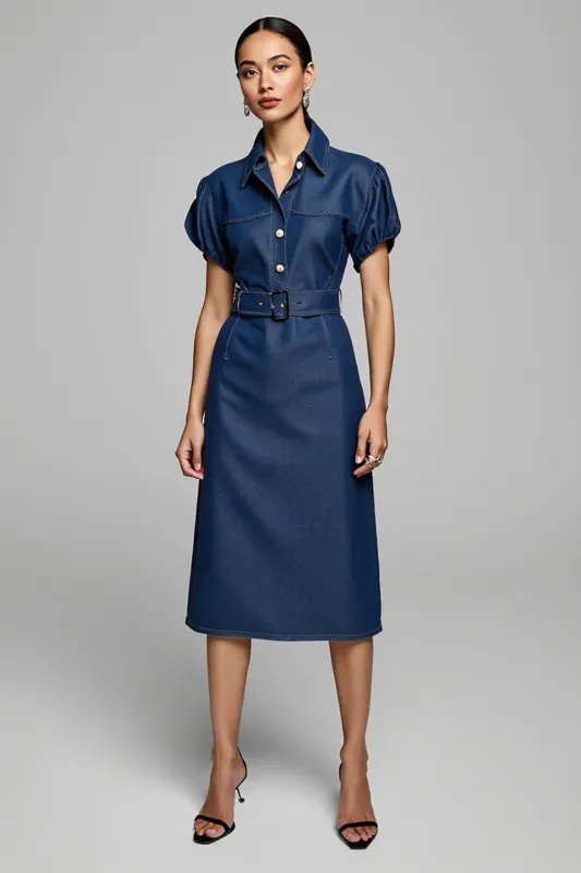 Grey Blue Short Sleeves Bodycon Midi Work Dress with Belt sold by Zapaka