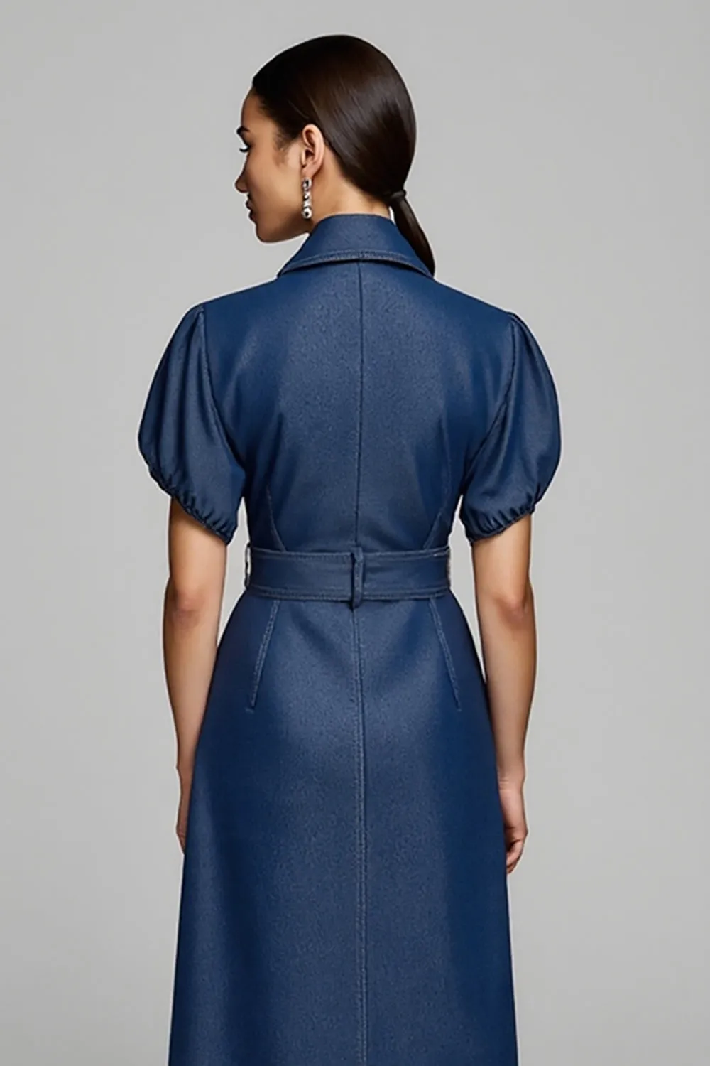 Grey Blue Short Sleeves Bodycon Midi Work Dress with Belt sold by Zapaka product image thumbnail 3