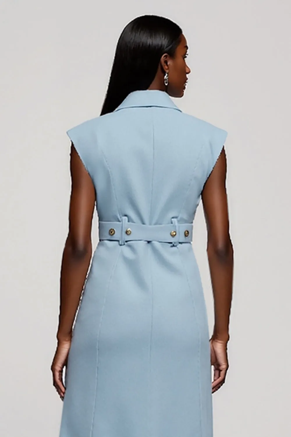 Light Blue Floral Notched Lapel Midi Work Dress with Belt sold by Zapaka product image thumbnail 4