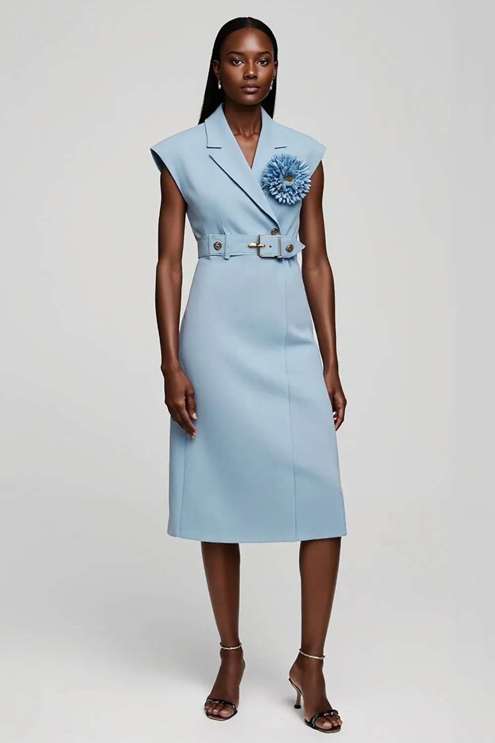 Light Blue Floral Notched Lapel Midi Work Dress with Belt sold by Zapaka