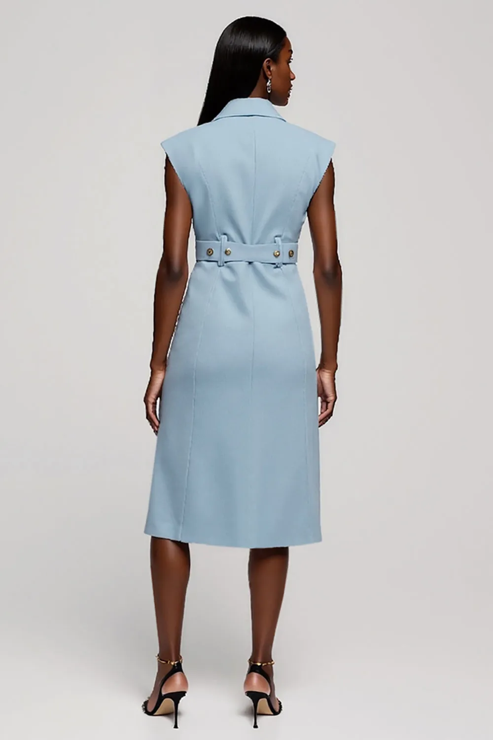 Light Blue Floral Notched Lapel Midi Work Dress with Belt sold by Zapaka product image thumbnail 2