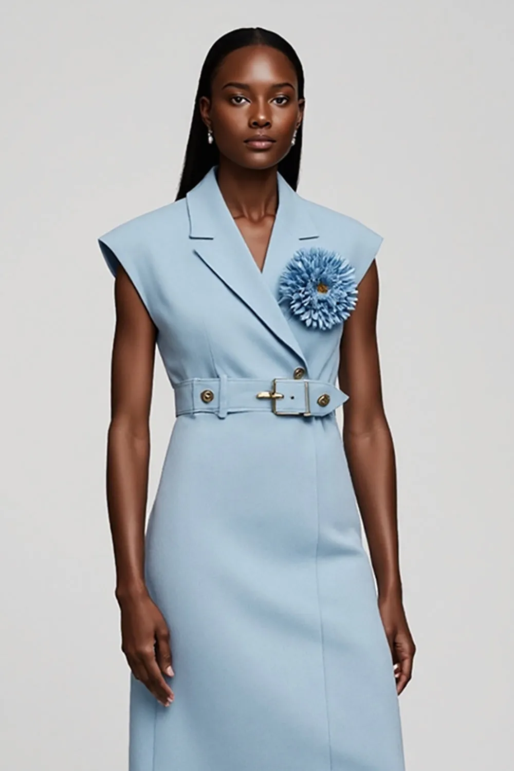 Light Blue Floral Notched Lapel Midi Work Dress with Belt sold by Zapaka product image thumbnail 3