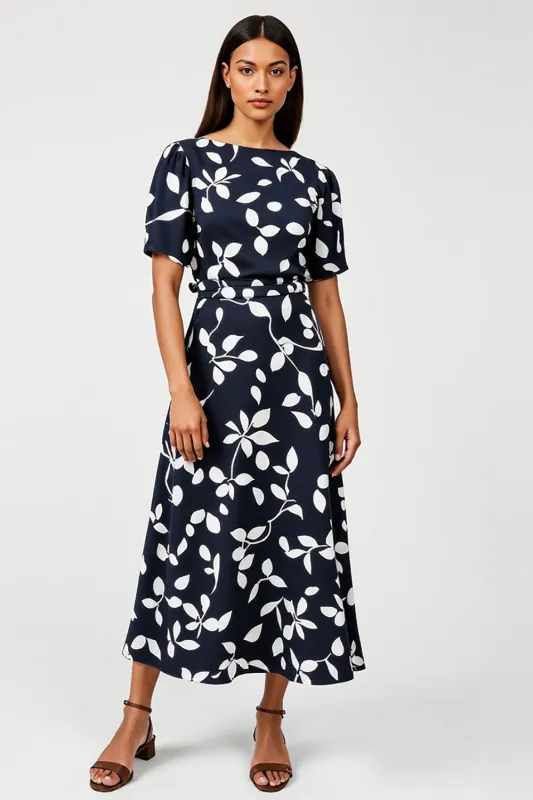 Print Navy A Line Midi Work Dress with Short Sleeves sold by Zapaka