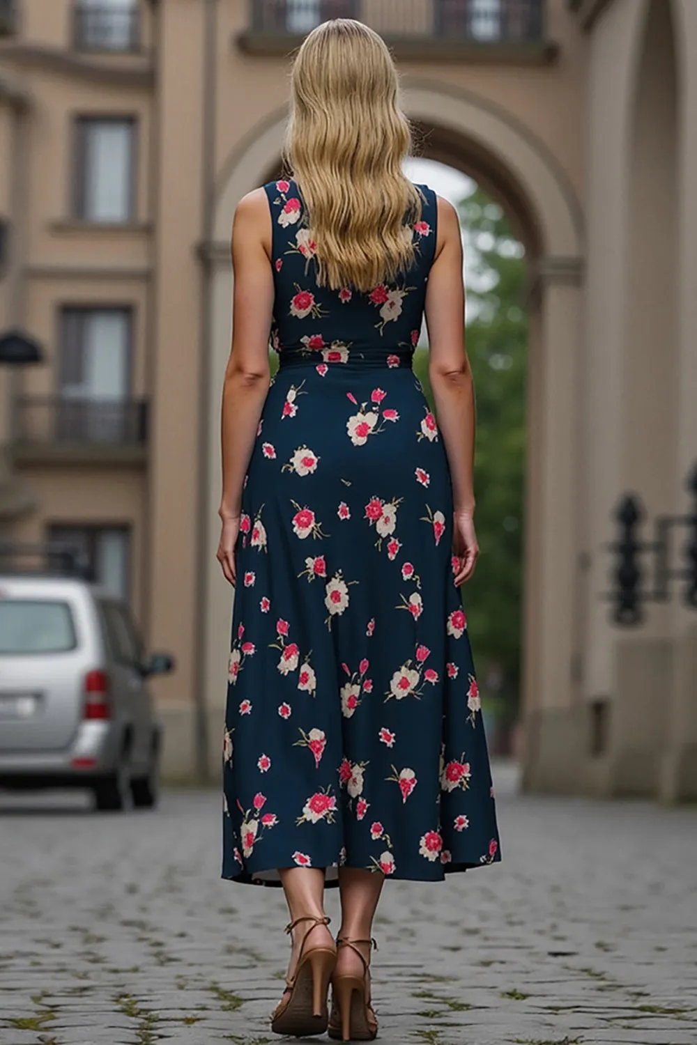 Dark Blue Floral Print A Line Midi Work Dress sold by Zapaka product image thumbnail 2