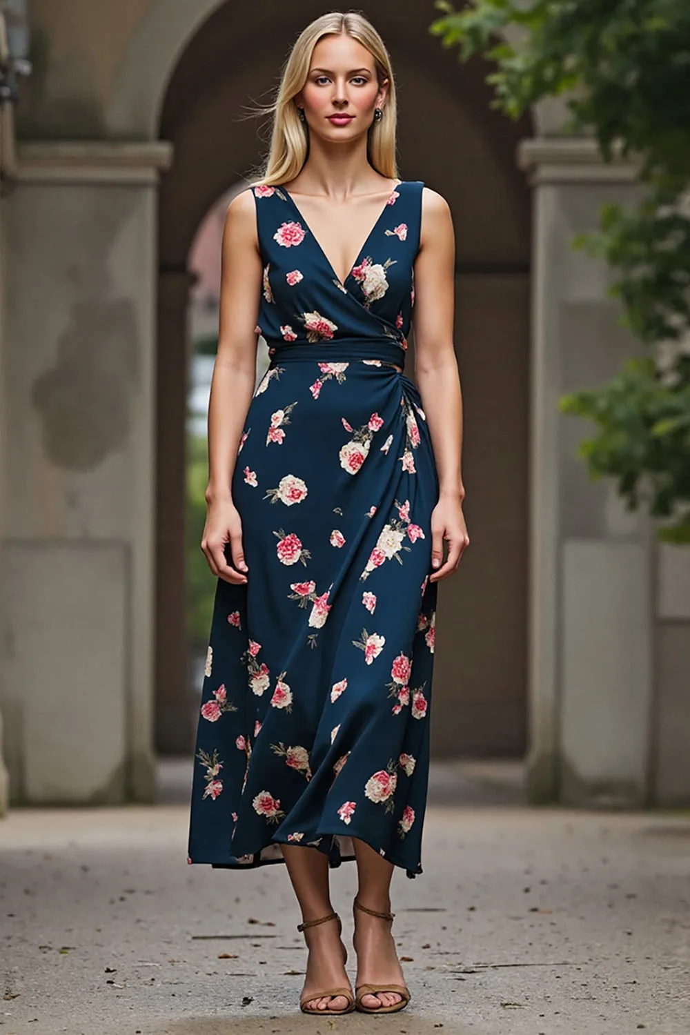 Dark Blue Floral Print A Line Midi Work Dress sold by Zapaka