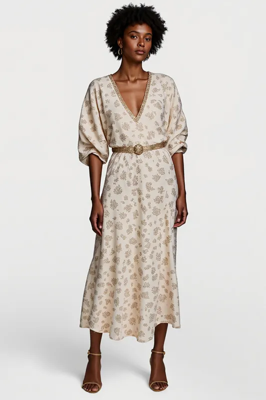 Apricot Half Sleeve V Neck Printed Work Dress with Belt sold by Zapaka